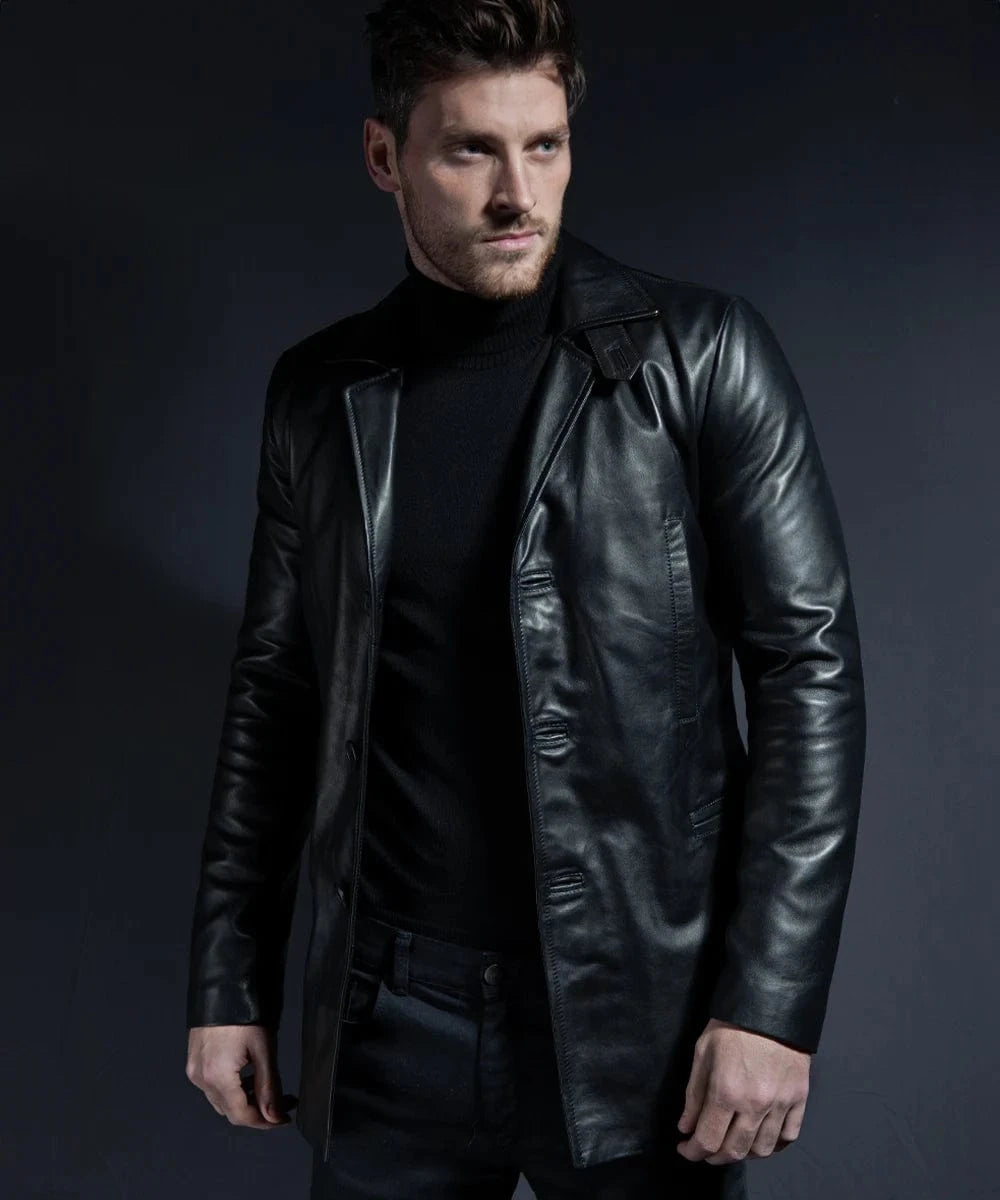Model wearing Max Payne movie replica black leather coat with slim fit vintage styling and classic noir inspired design