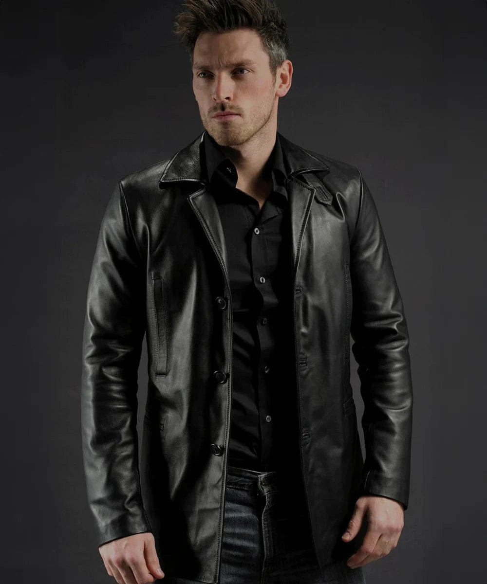 Model wearing Max Payne movie replica black leather coat with slim fit vintage styling and classic noir inspired design