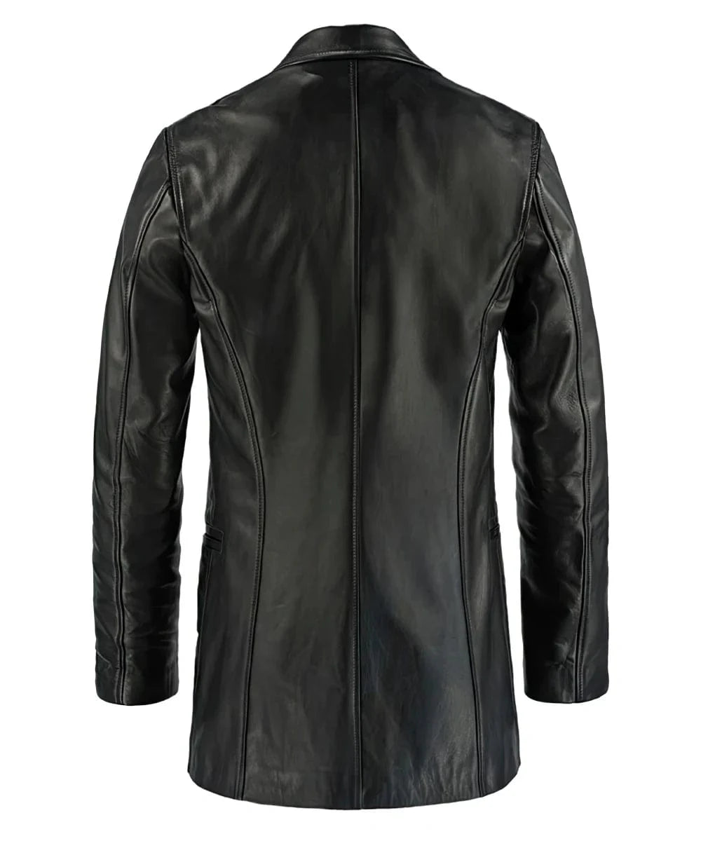 Back view of Max Payne movie replica black leather coat with slim fit vintage styling and clean rear silhouette