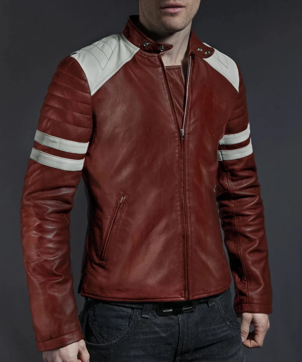 Model wearing Mayhem Fight Club film replica red leather jacket with slim fit vintage biker styling inspired by Brad Pitt