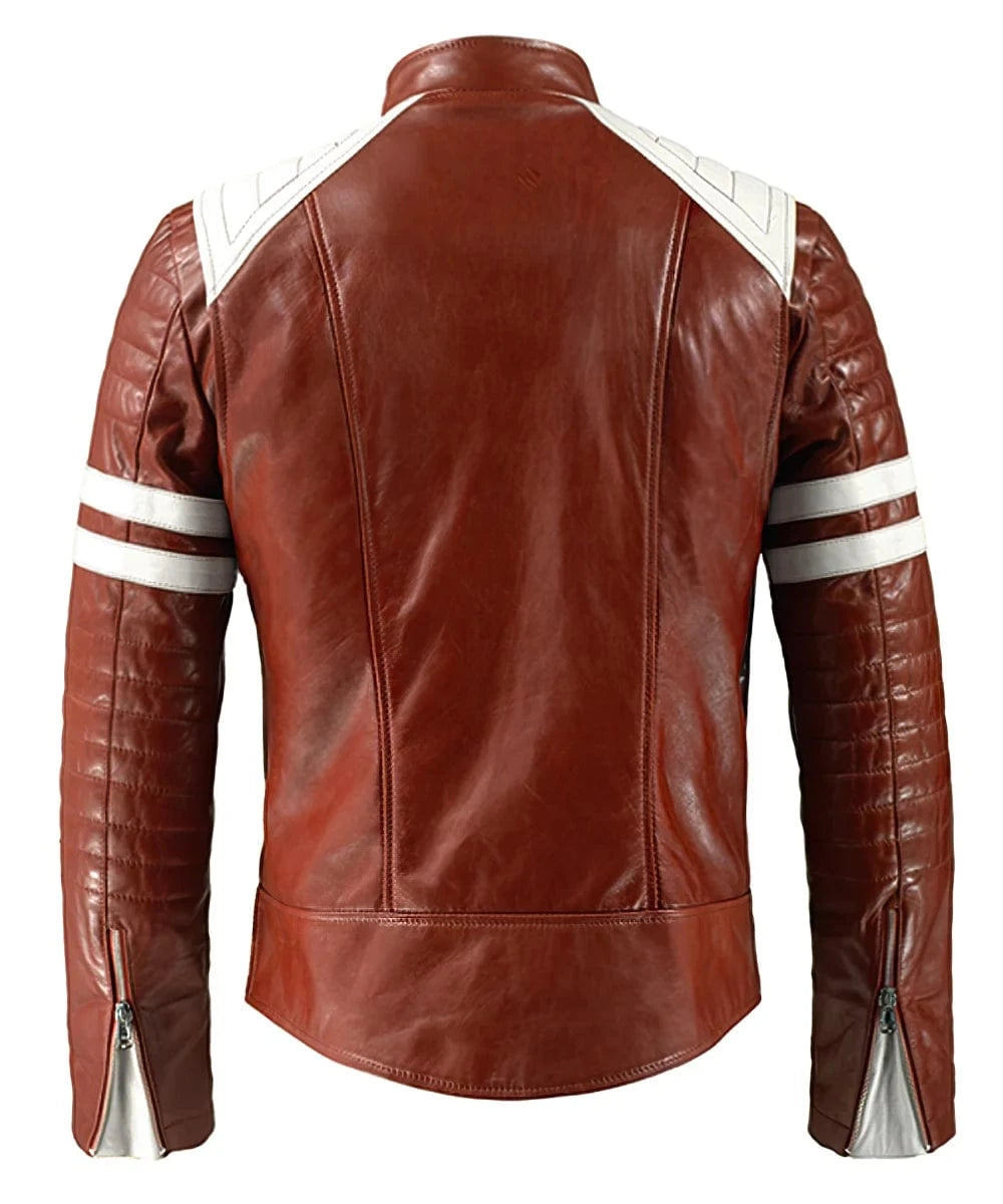 Back view of Mayhem Fight Club film replica red leather jacket with slim fit vintage biker styling inspired by Brad Pitt