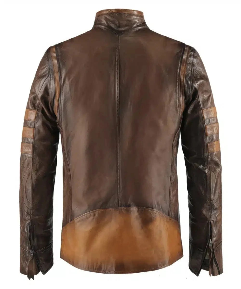 Back view of Origins replica brown leather jacket with slim fit vintage biker styling and contrast racing stripe detailing
