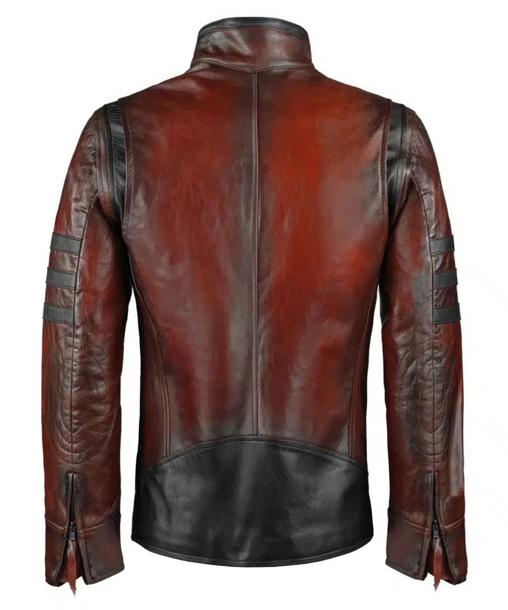 Back view of Origins replica red leather jacket with slim fit vintage biker styling and contrast racing stripe detailing