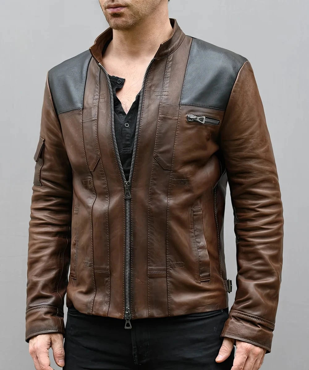 Model wearing Han Solo replica brown leather jacket with slim fit sci fi styling and contrast shoulder panel detailing