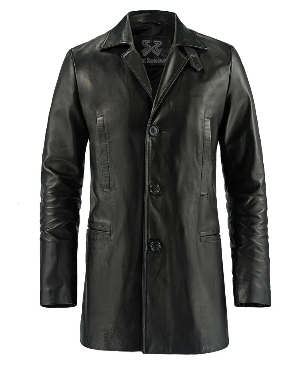 Max Payne movie replica black leather coat with slim fit vintage styling and classic noir inspired design
