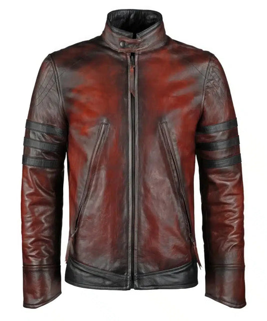 Origins replica red leather jacket with slim fit vintage biker styling and contrast racing stripe detailing