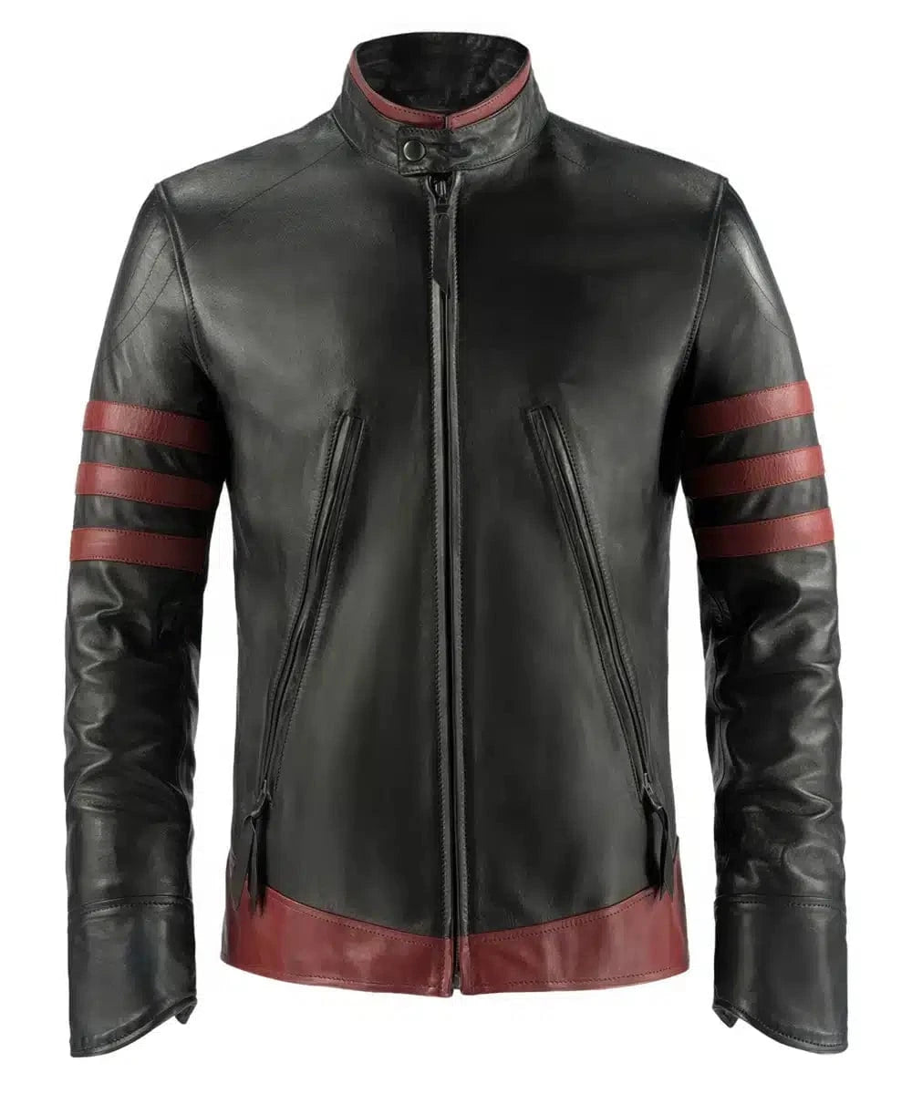 Origins replica black leather jacket with slim fit vintage biker styling and red racing stripe detailing