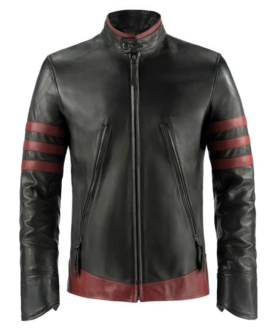 Origins black leather jacket with slim fit vintage biker styling and red racing stripe detailing