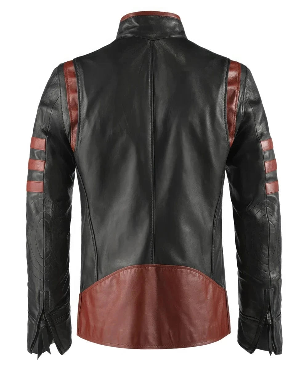 Back view of Origins black leather jacket with slim fit vintage biker styling and red racing stripe detailing