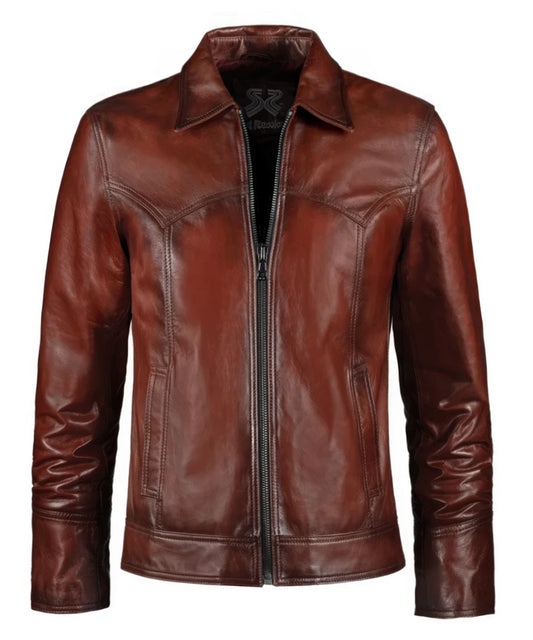 Vintage red leather jacket with slim fit styling and western inspired yoke detailing