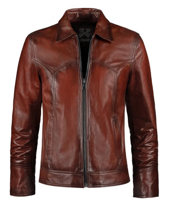 Vintage red leather jacket with slim fit styling and western inspired yoke detailing