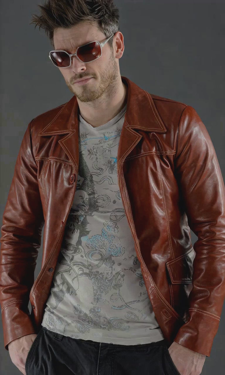 Model wearing Fight Club Tyler Durden replica red leather jacket with vintage styling and tinted sunglasses