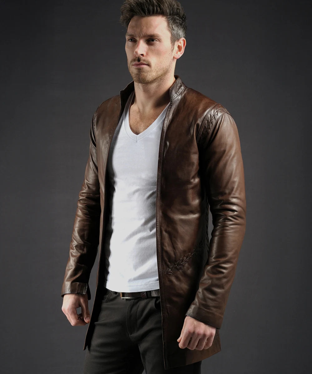Model wearing Ranger Aragorn Lord of the Rings replica brown leather coat with slim fit medieval styling and weathered fantasy inspired design