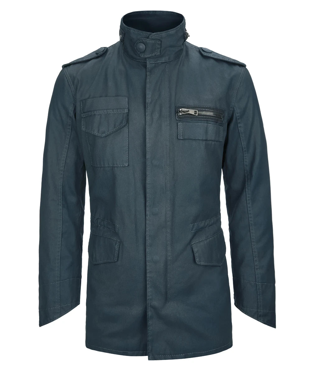 Green M-65 military style jacket with concealed front closure and chest zip pocket front view