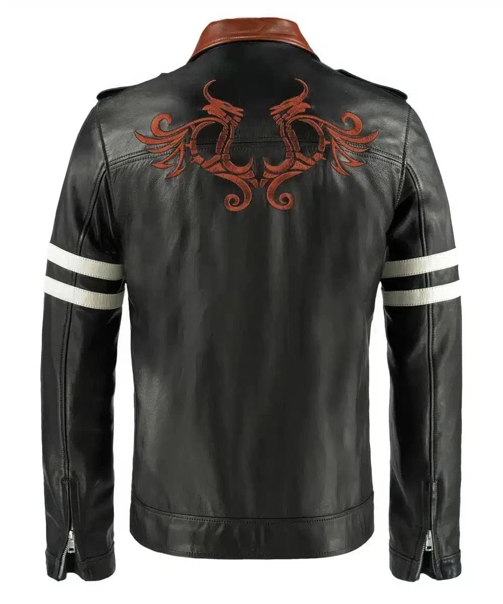 Back view of Prototype Alex Mercer replica black leather jacket with slim fit vintage biker styling and embroidered tribal back detail
