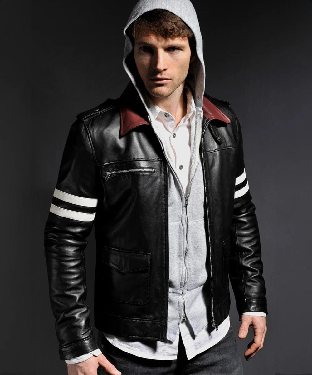 Model wearing Prototype Alex Mercer replica black leather jacket with slim fit vintage biker styling, contrast collar detailing, and attached hood