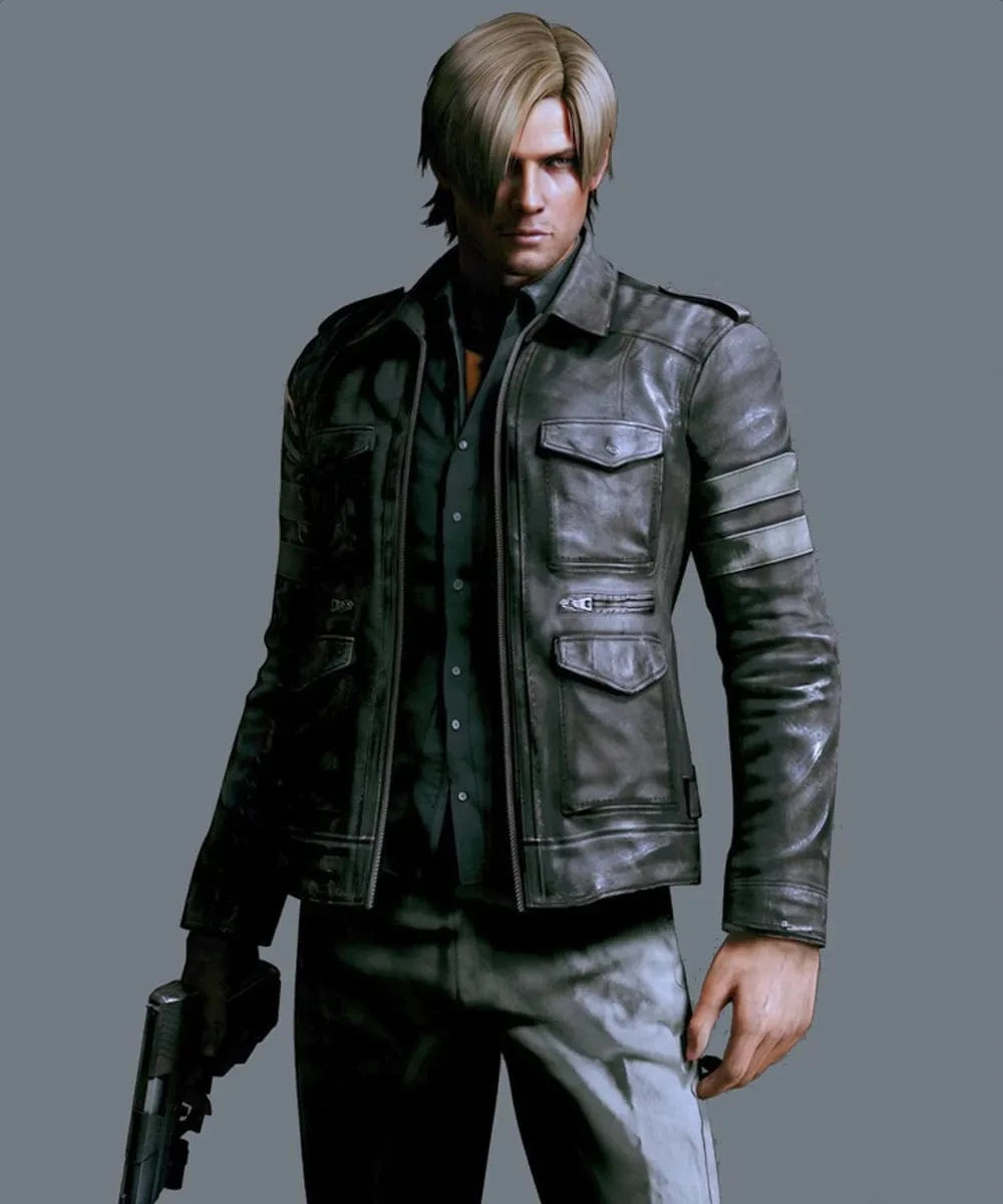 Leon Kennedy wearing Resident Evil replica black leather jacket with slim fit military styling and contrast arm stripe detailing