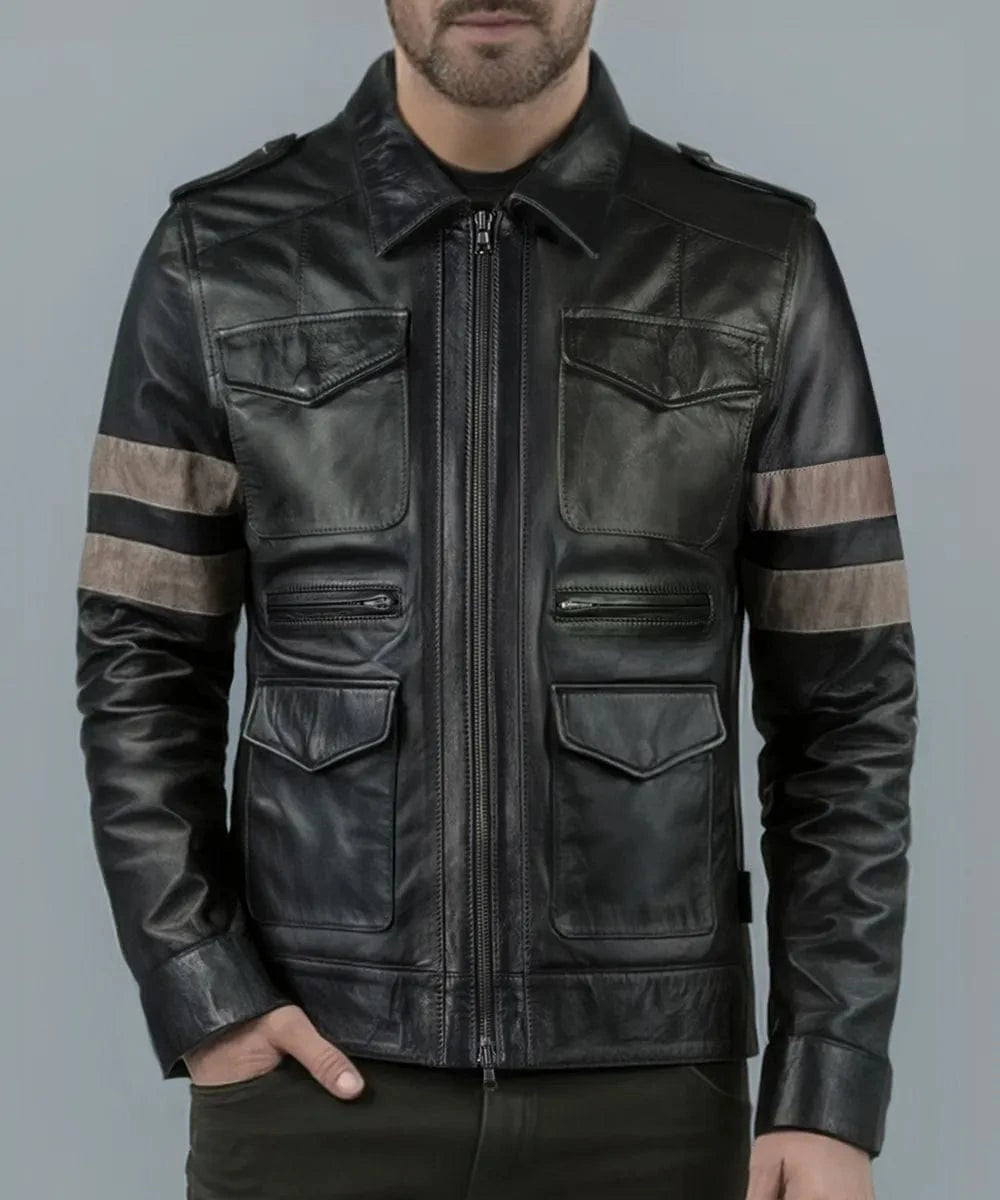 Model wearing Resident Evil Leon Kennedy replica black leather jacket with slim fit military styling and contrast arm stripe detailing