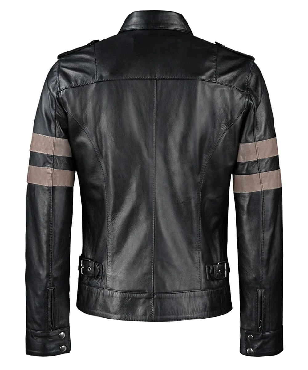 Back view of Resident Evil Leon Kennedy replica black leather jacket with slim fit military styling and contrast arm stripe detailing