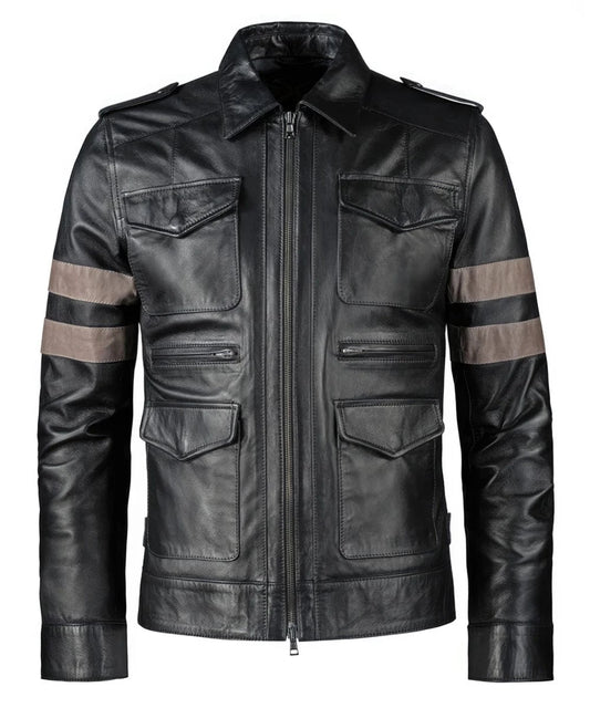 Resident Evil Leon Kennedy replica black leather jacket with slim fit military styling and contrast arm stripe detailing