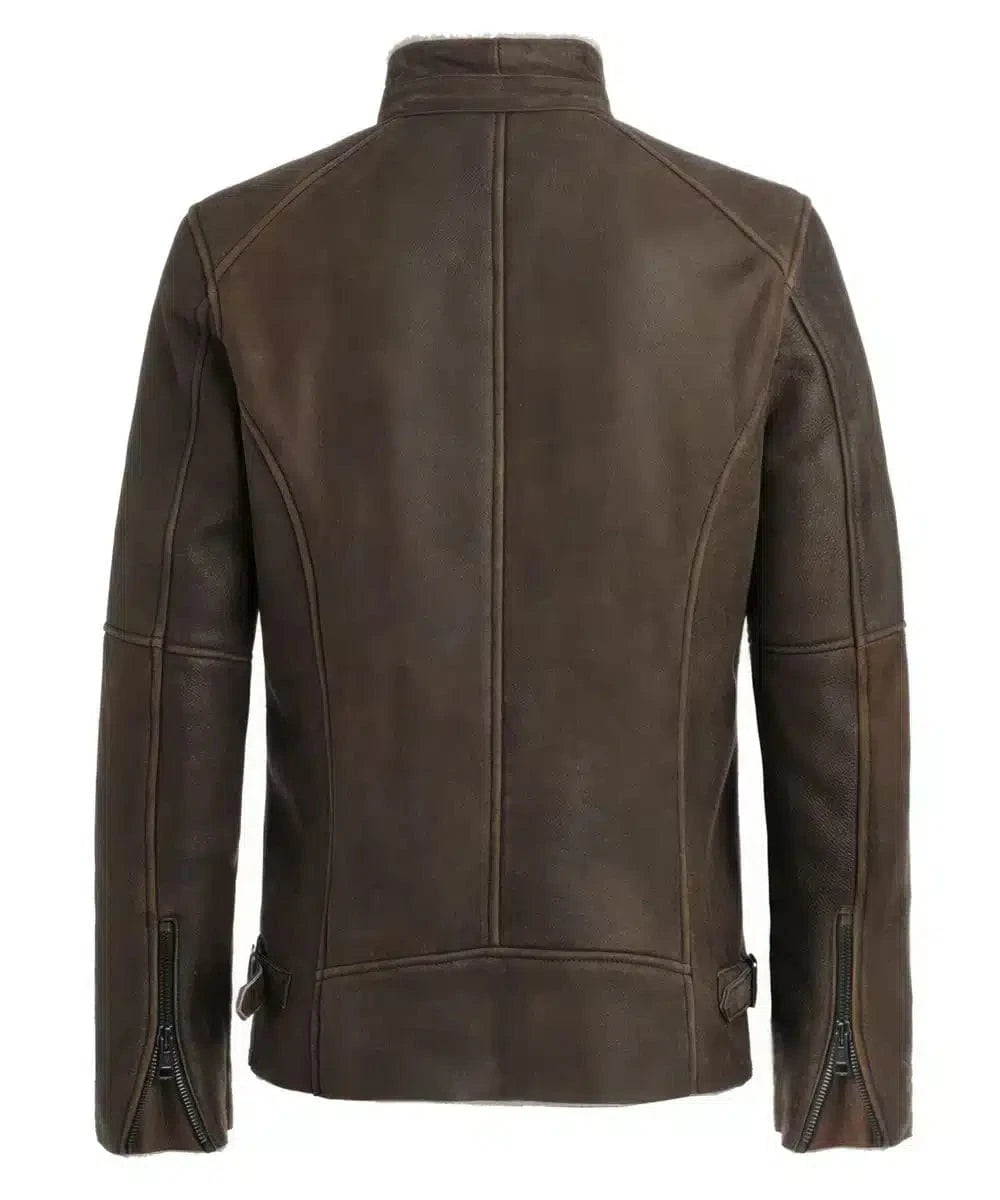 Back view of brown Salvation replica shearling jacket with tailored fit and zip cuffs