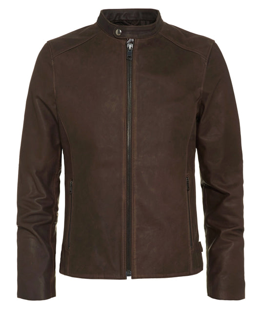 Front view of vintage brown leather jacket with slim fit cafe racer styling and minimalist biker inspired design