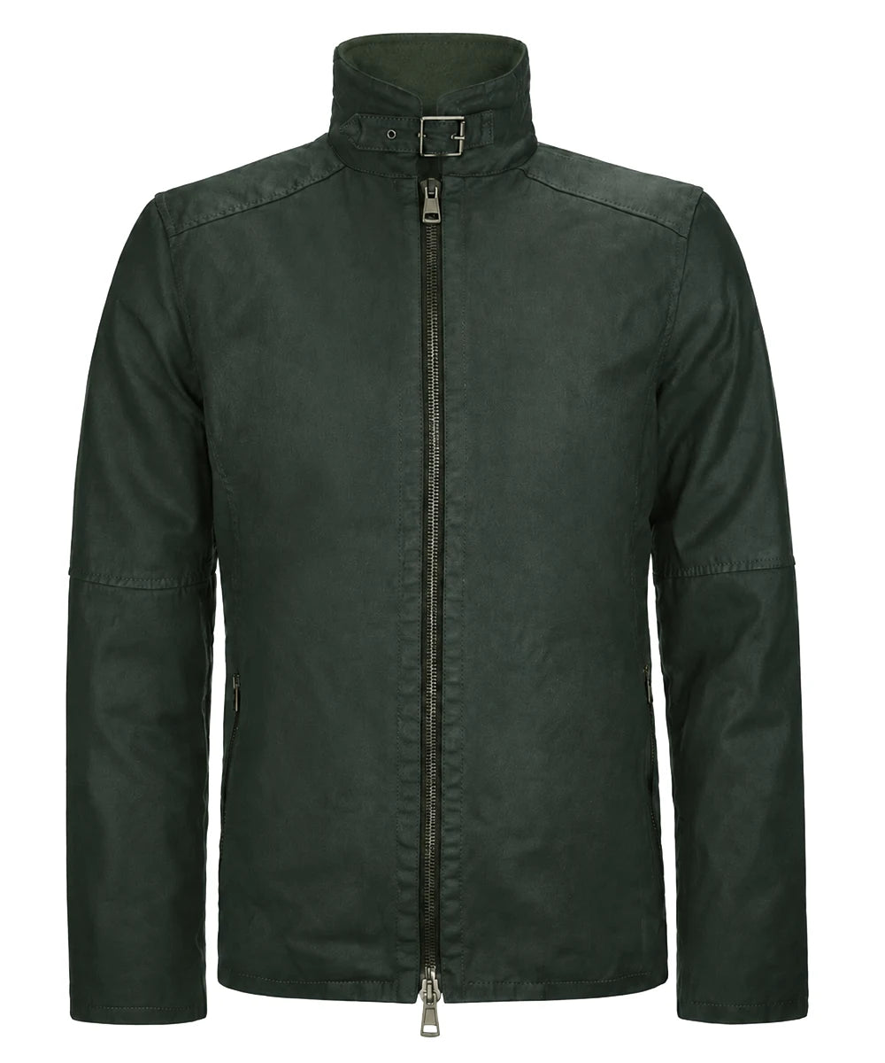 Front view of men's green cotton jacket with slim fit vintage styling, high collar, and minimalist design