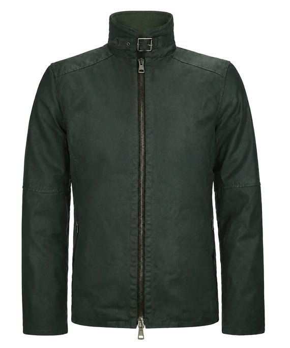 Front view of men's green cotton jacket with slim fit vintage styling, high collar, and minimalist design