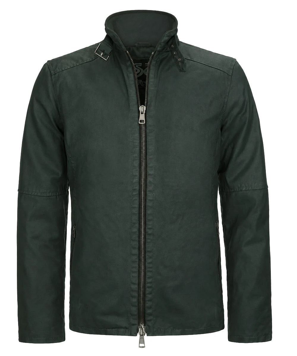 Front view of men's green cotton jacket with slim fit vintage styling, buckled collar, and minimalist design