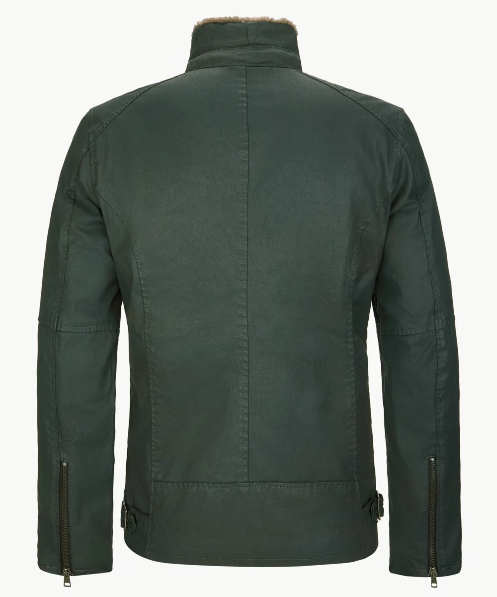 Back view of men's green cotton jacket with slim fit vintage styling, shearling lined stand collar, and minimalist biker inspired design