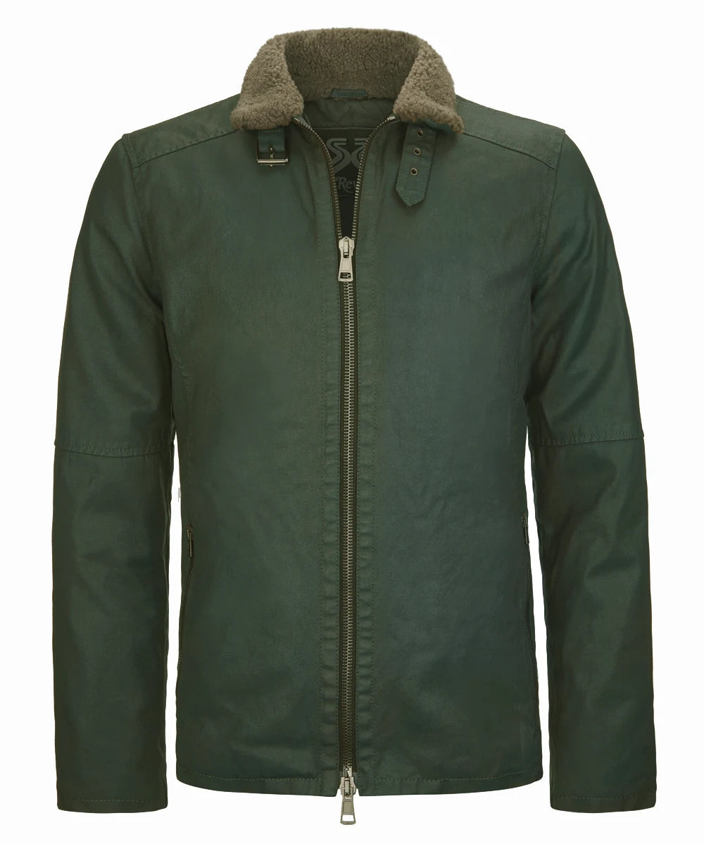 Front view of men's green cotton jacket with slim fit vintage styling, shearling collar, and minimalist biker inspired design