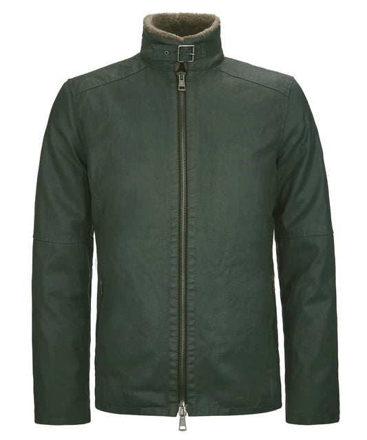 Front view of men's green cotton jacket with slim fit vintage styling, shearling lined stand collar, and minimalist biker inspired design