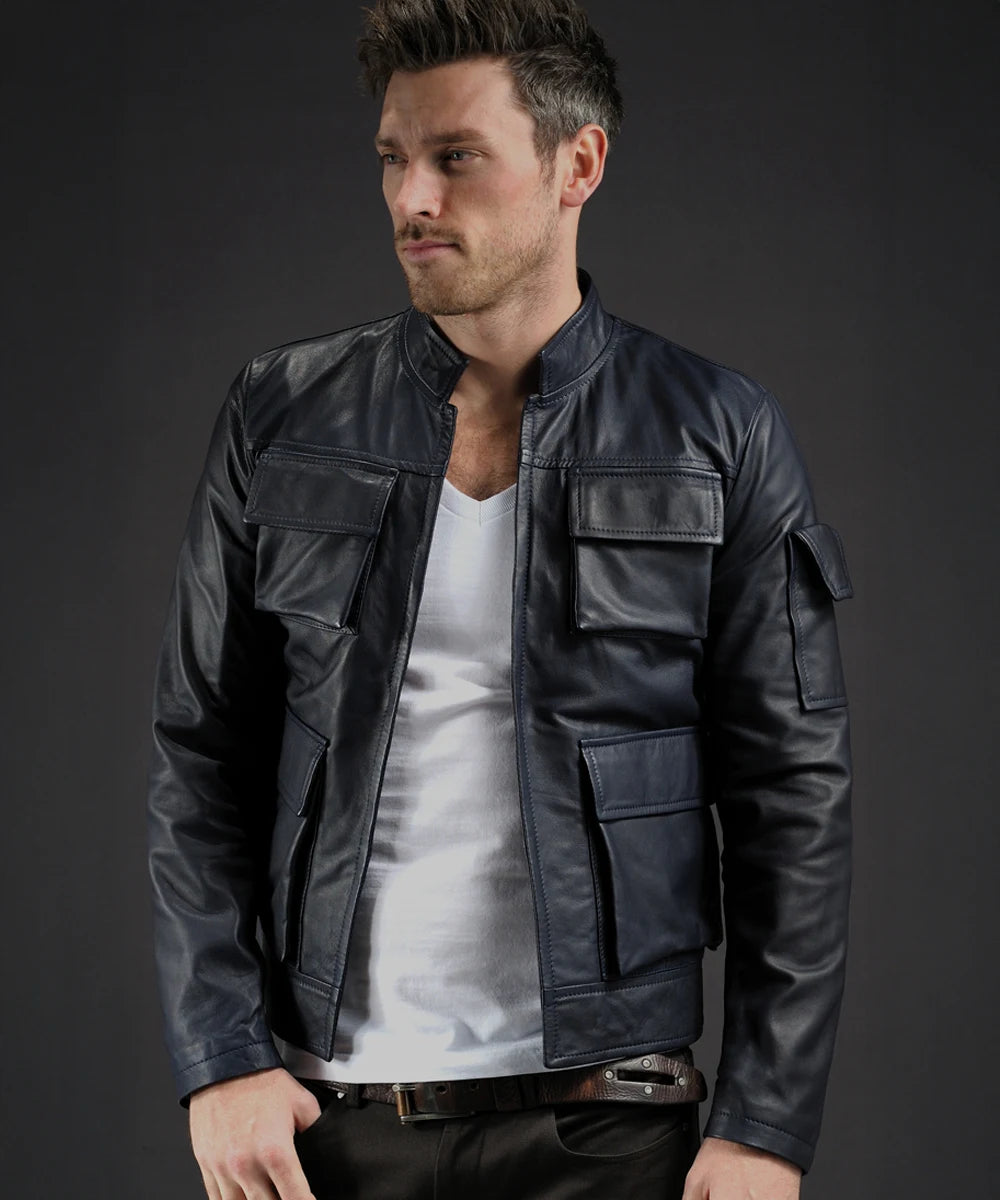Han Solo Smuggler leather jacket. Navy blue with slim fit styling and patch pocket detailing.