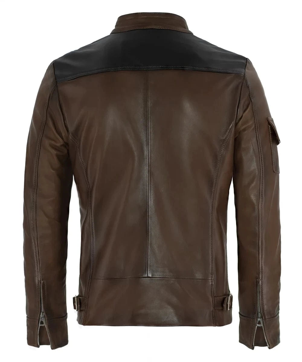 Back view of Han Solo brown leather jacket with slim fit sci fi styling and contrast shoulder panel detailing