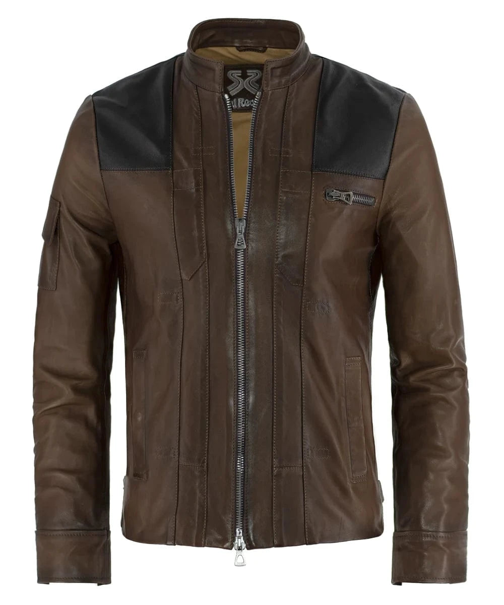 Han Solo brown leather jacket with slim fit sci fi styling and contrast shoulder panel detailing