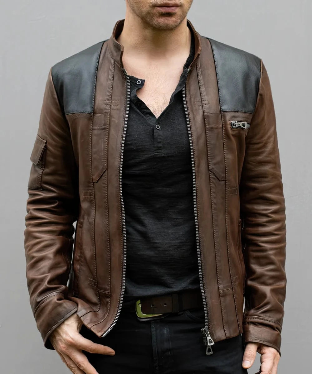 Model wearing Han Solo brown leather jacket with slim fit sci fi styling and contrast shoulder panel detailing