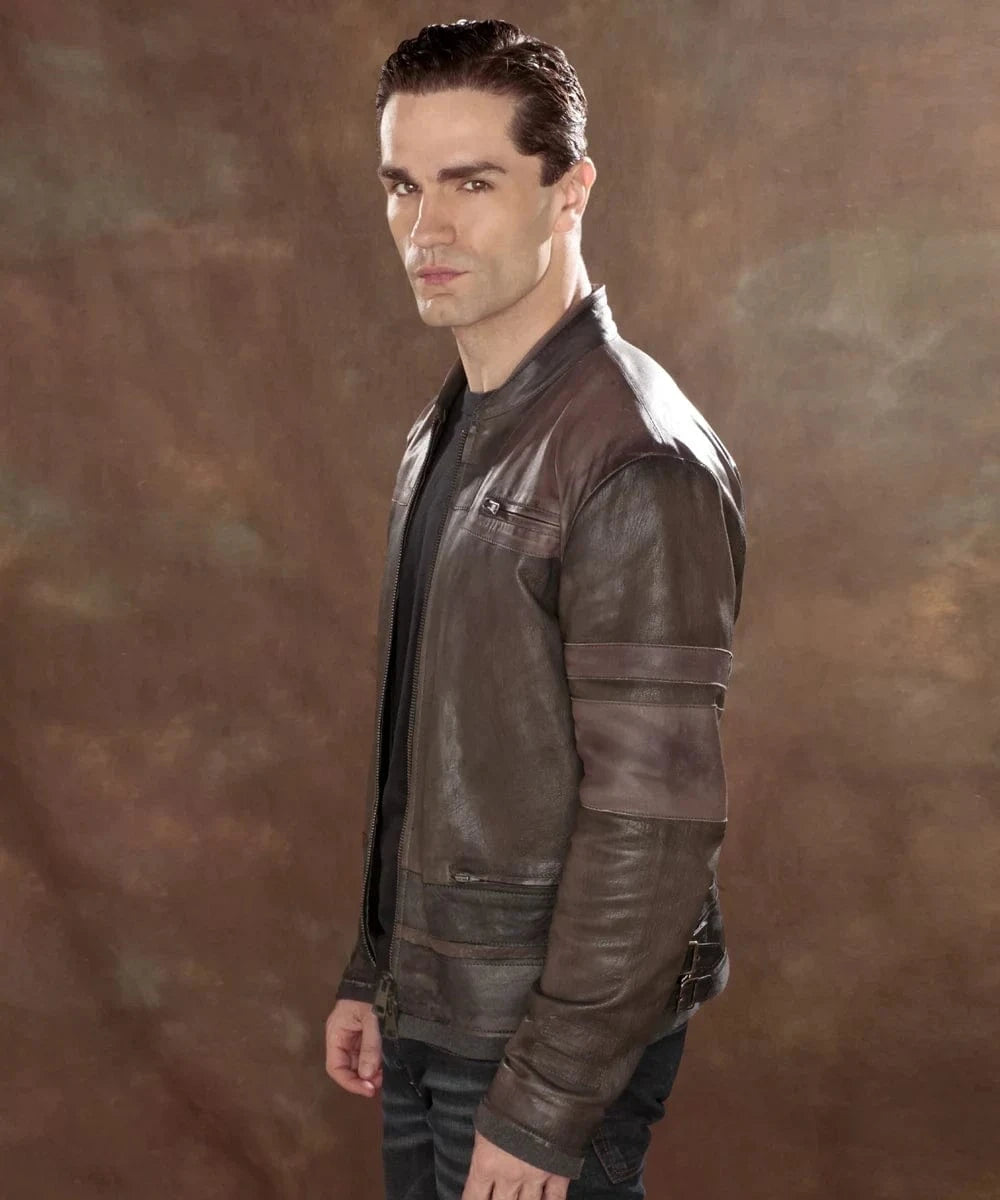Sam Witwer wearing Starkiller grey leather jacket with slim fit sci fi styling and contrast sleeve panel detailing