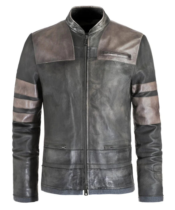 Starkiller grey leather jacket with slim fit sci fi styling and contrast panel detailing