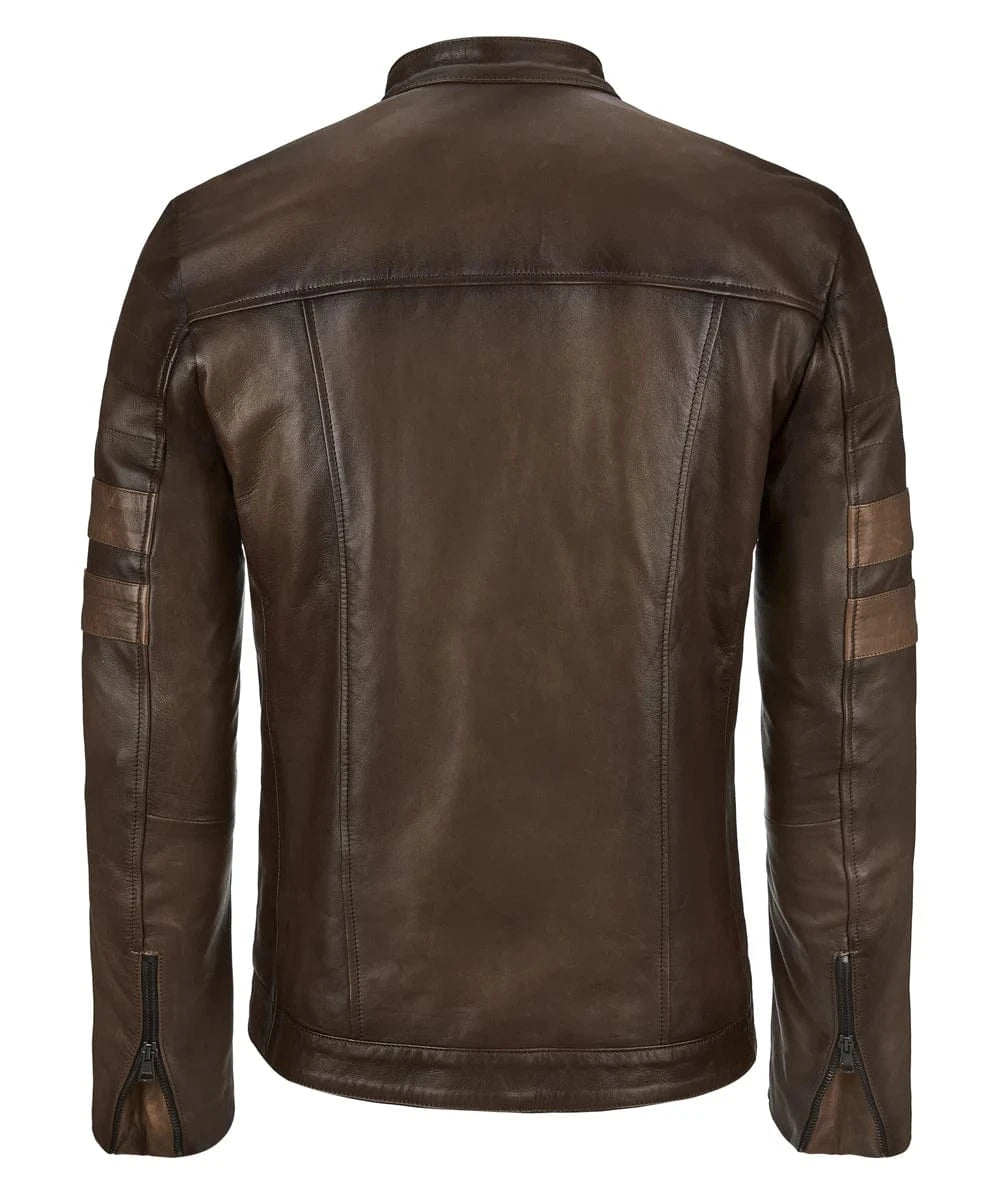 Rear view of the brown leather slim fit biker jacket with double sleeve stripes, zip cuffs, and clean cafe racer styling