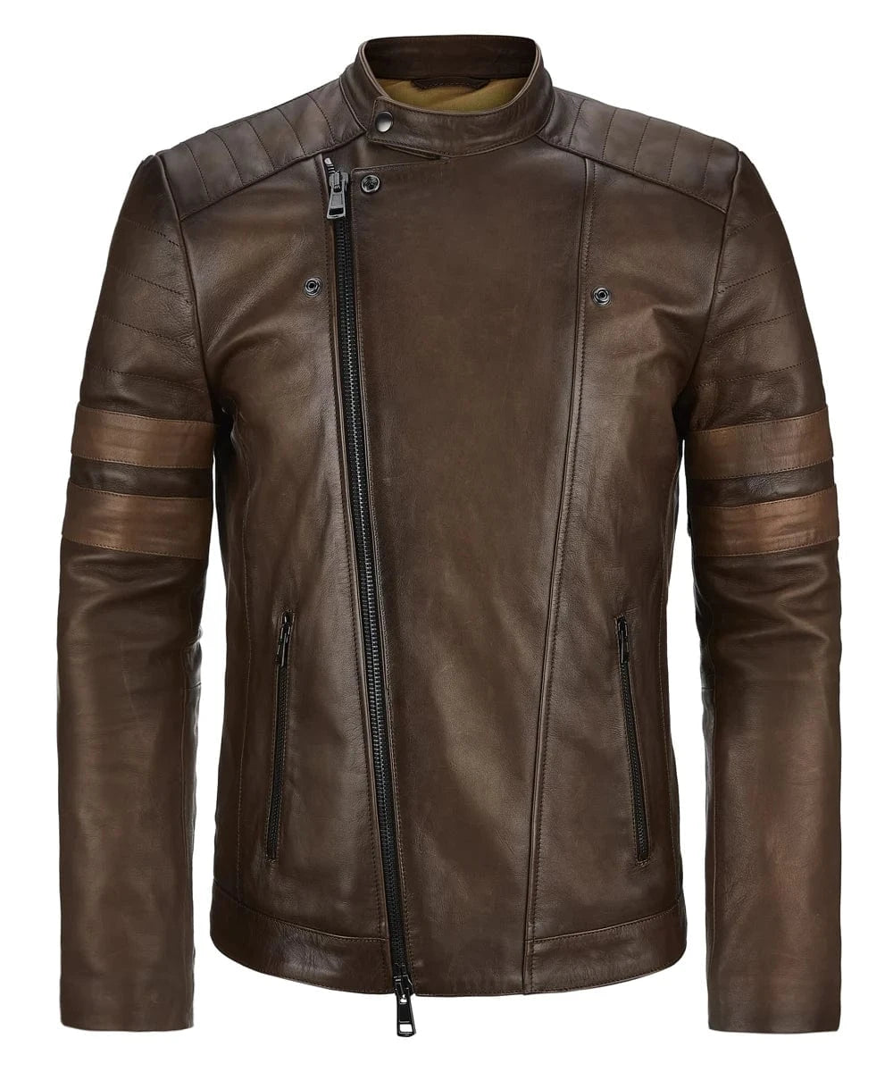 Brown leather slim fit biker jacket with asymmetric zip front, quilted shoulders, double sleeve stripes, and cafe racer styling