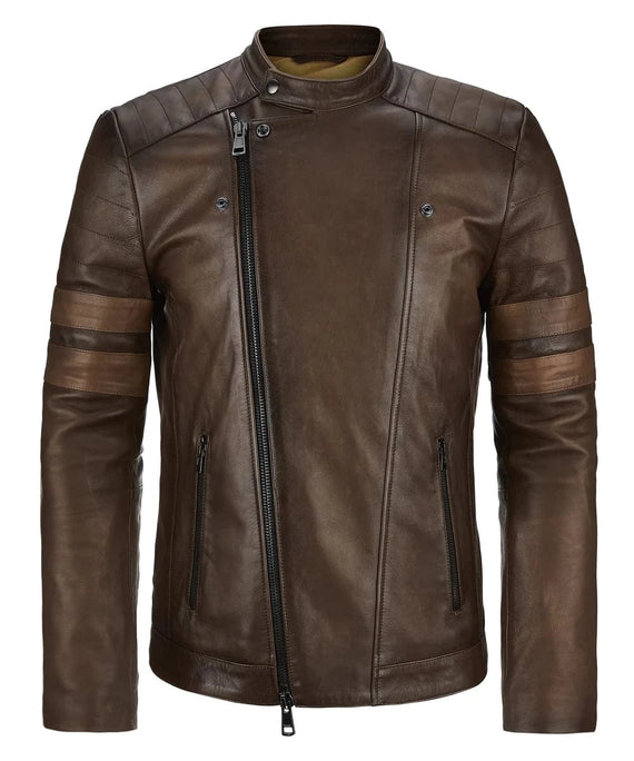Brown leather slim fit biker jacket with asymmetric zip front, quilted shoulders, double sleeve stripes, and cafe racer styling
