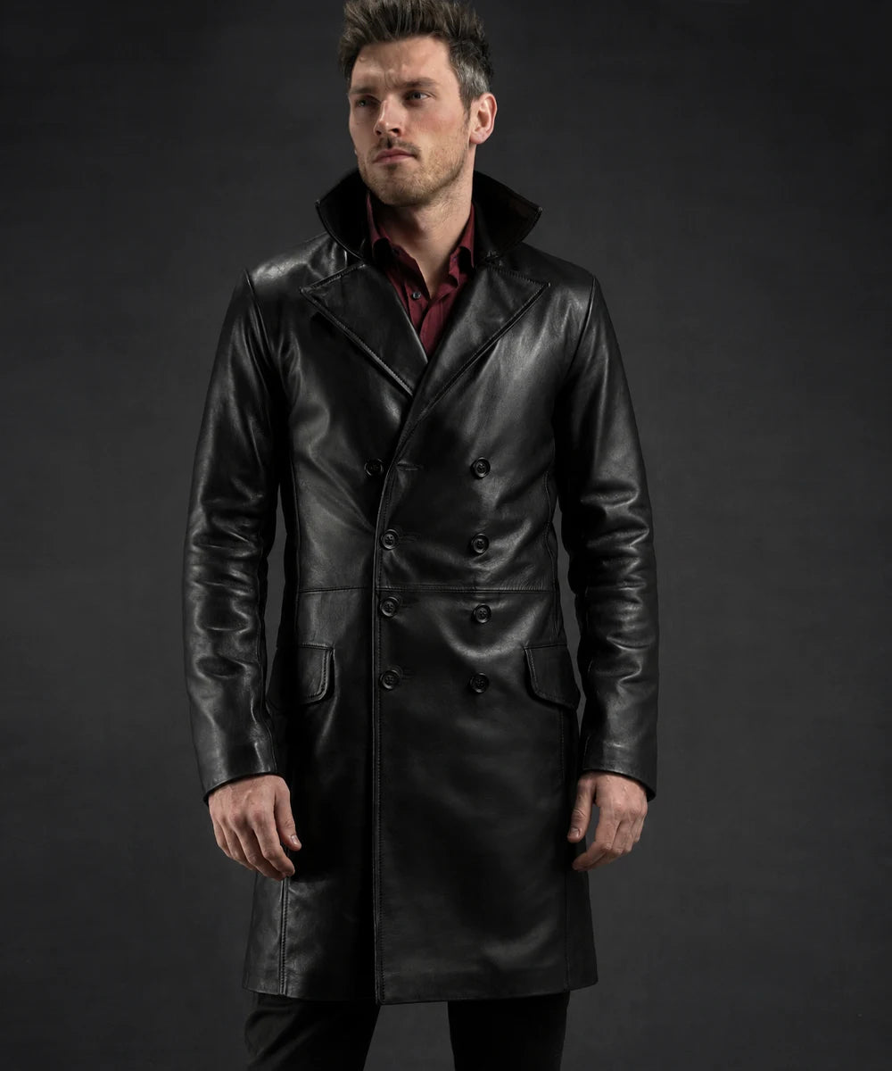 Model wearing black leather coat with slim fit vintage styling and classic tailored design