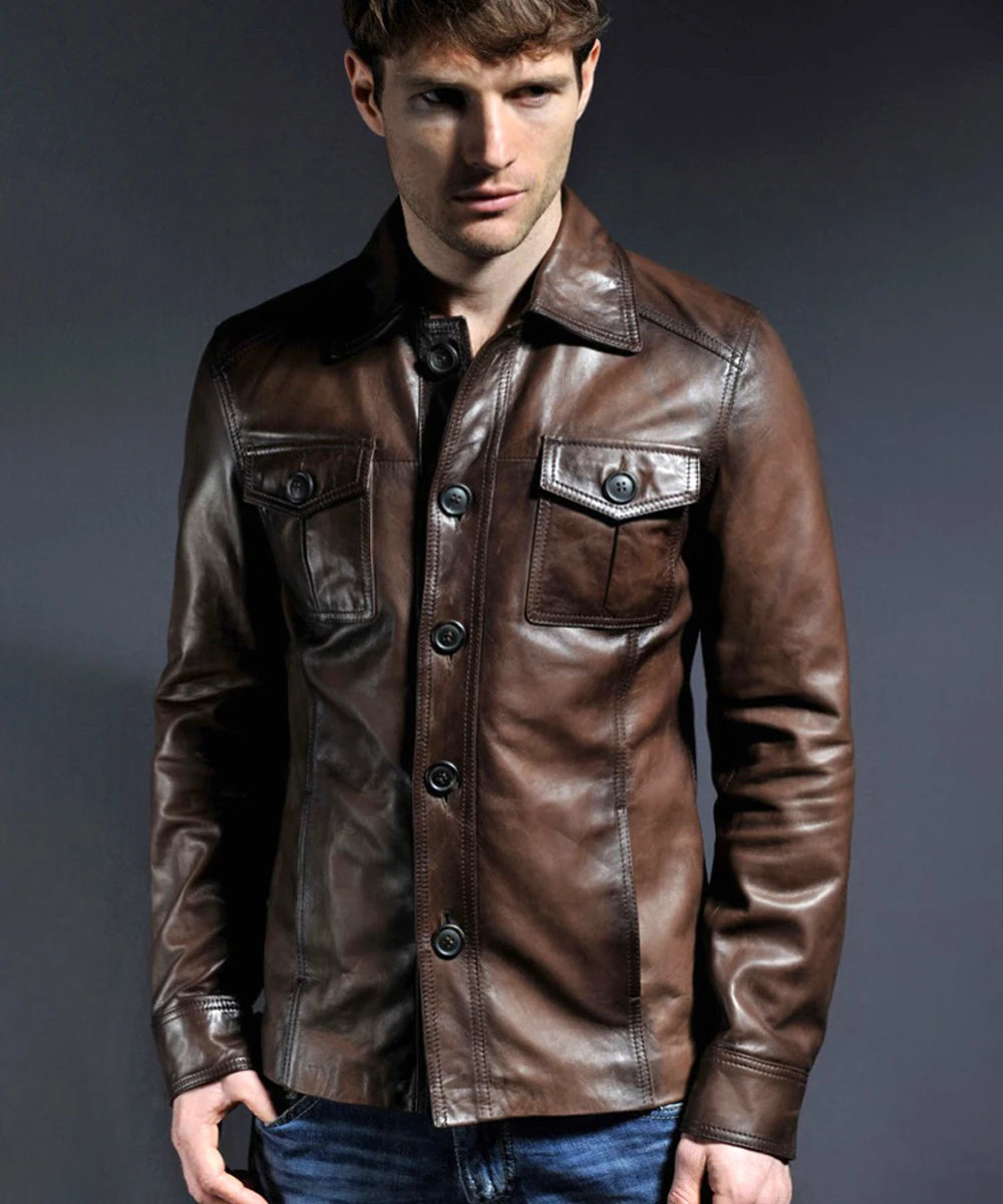 Model wearing vintage brown leather shirt jacket with slim fit styling and classic button front design