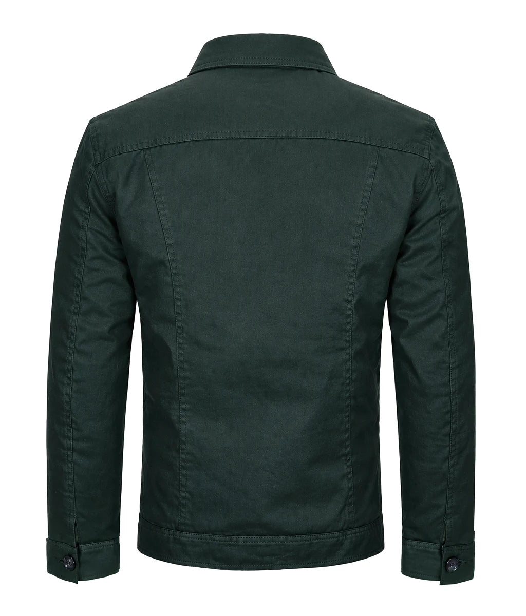 Back view of men's green cotton jacket with slim fit vintage styling and classic trucker inspired design