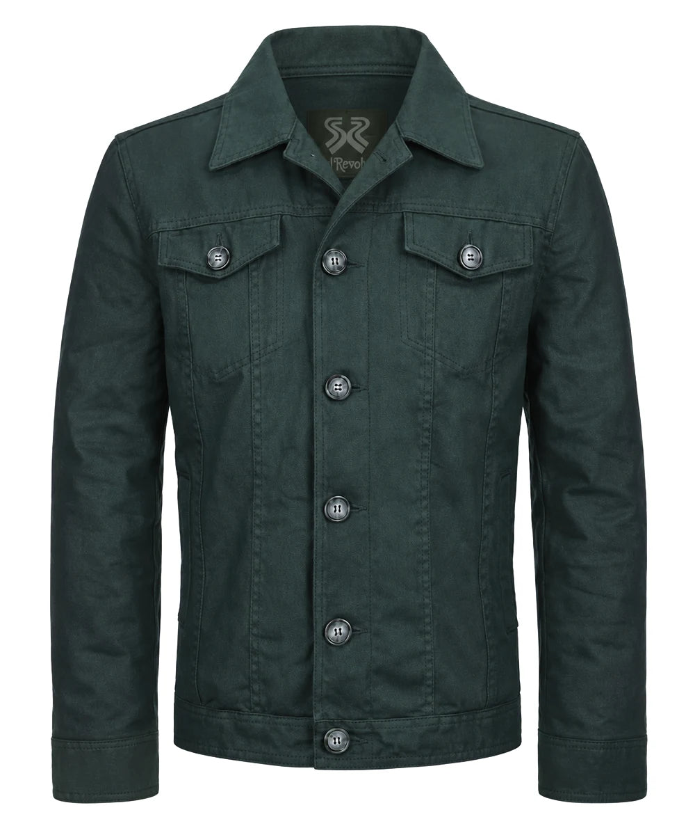 Front view of men's green cotton jacket with slim fit vintage styling, shirt style collar, and classic trucker inspired design