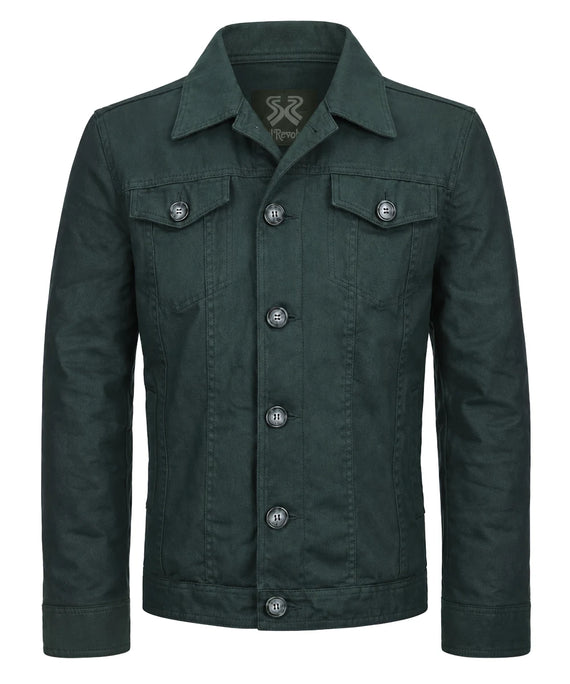 Front view of men's green cotton jacket with slim fit vintage styling, shirt style collar, and classic trucker inspired design