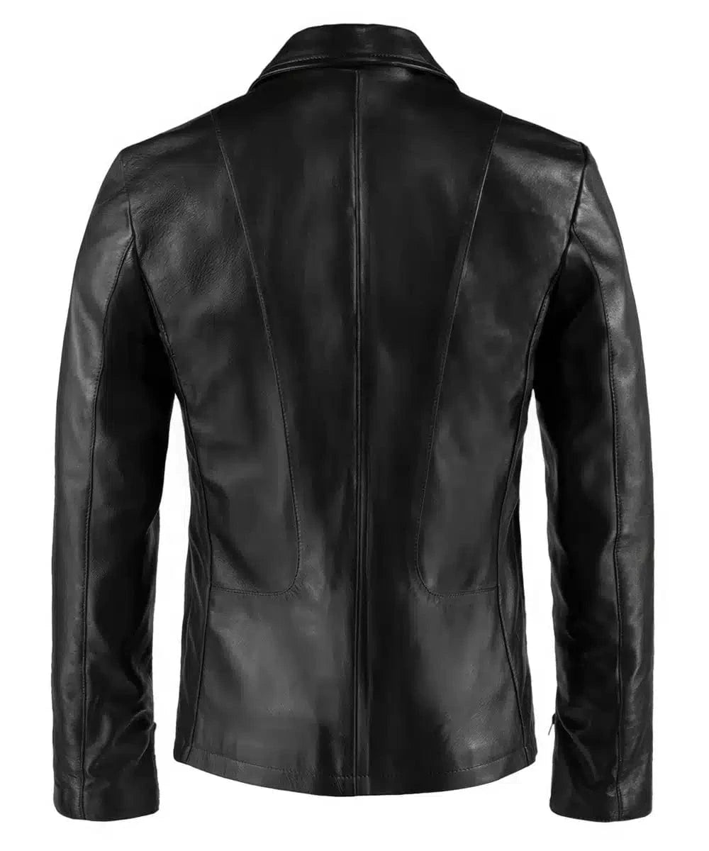Back view of vintage black leather jacket with slim fit styling and distinctive panel detailing