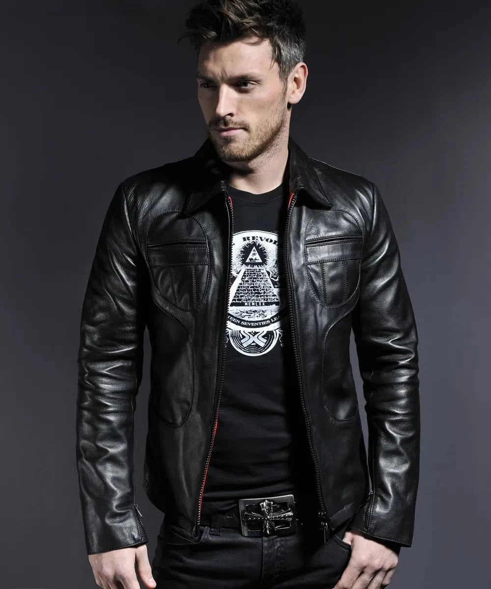 Model wearing vintage black leather jacket with slim fit styling and distinctive panel detailing