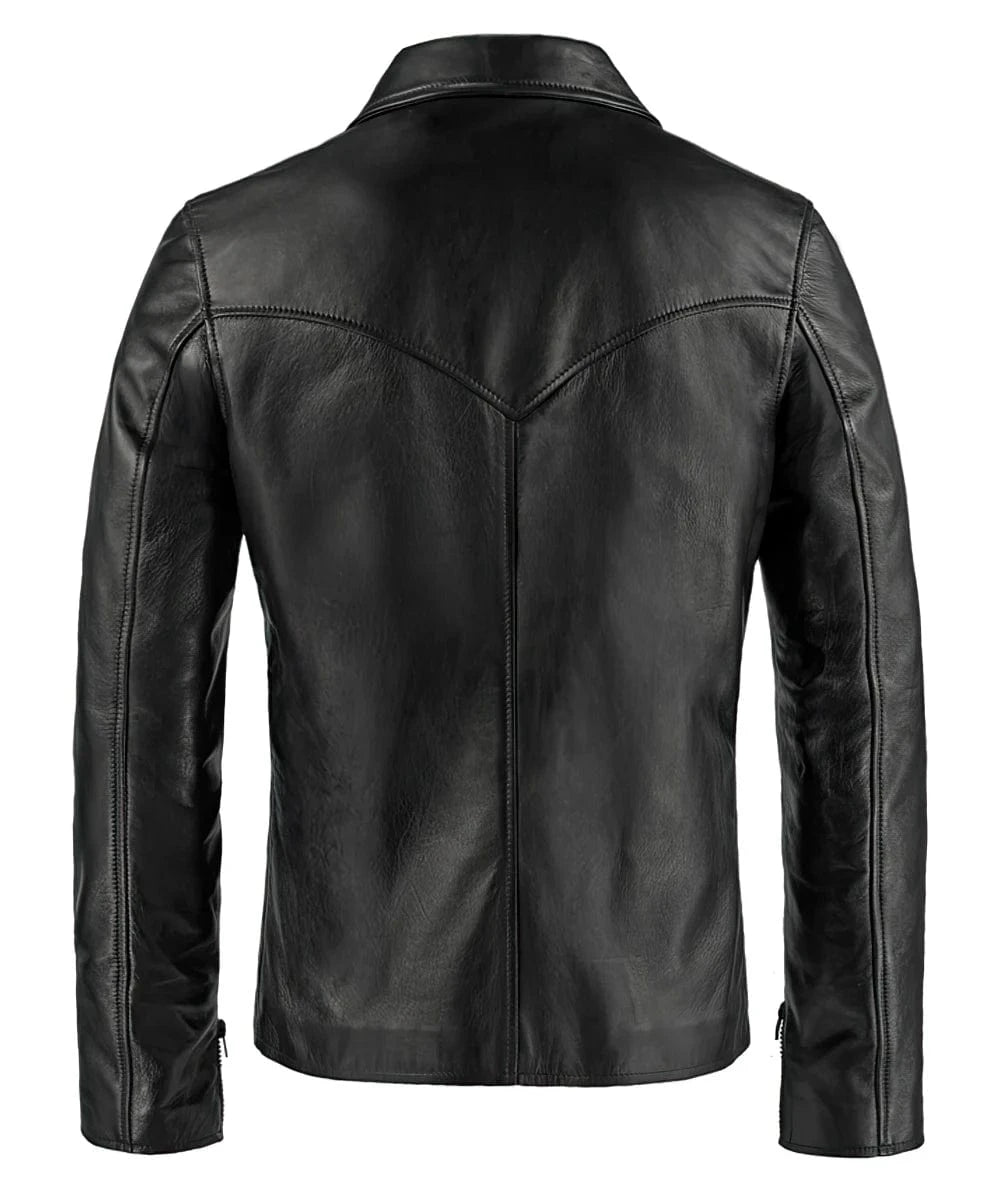 Back view of vintage black leather jacket with slim fit styling and distinctive seam detailing