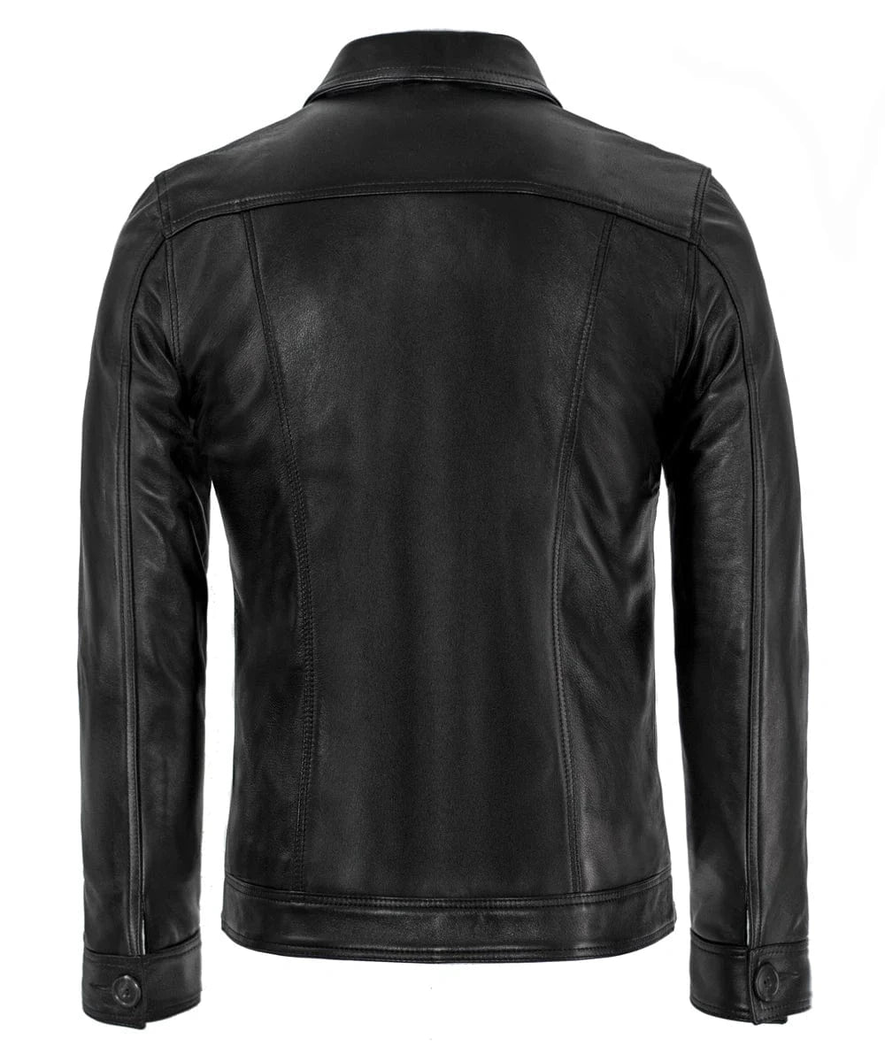 Back view of vintage black leather trucker jacket with slim fit styling and classic trucker inspired design